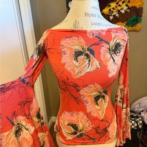 We The Free Coral Floral Off-Shoulder Bell Sleeve Tunic